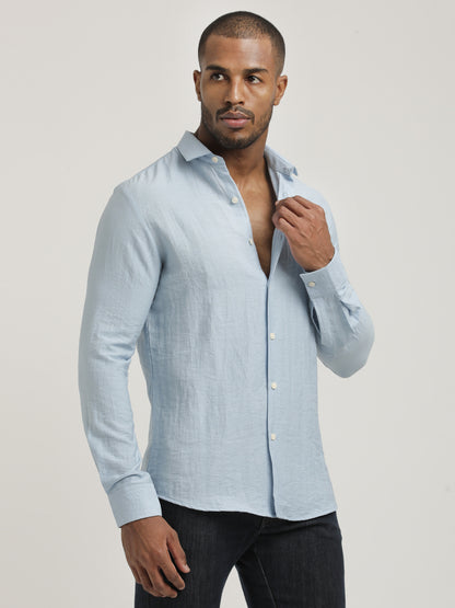 Slim Fit Nylon Shirt with Linen Look Sky Blue