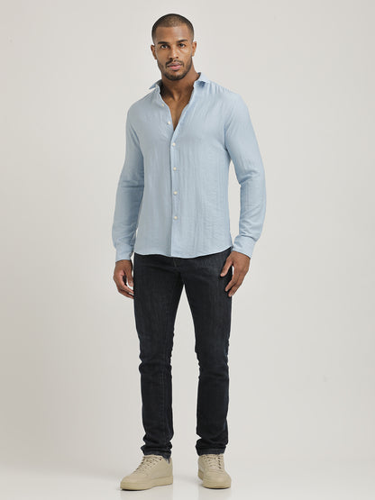 Slim Fit Nylon Shirt with Linen Look Sky Blue