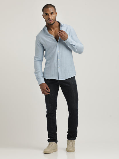 Slim Fit Nylon Shirt with Linen Look Sky Blue