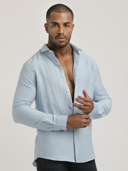 Slim Fit Nylon Shirt with Linen Look Sky Blue