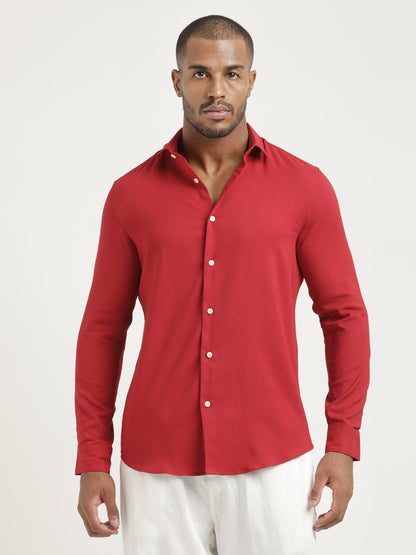 Slim Fit Cotton-Poly Lycra Blend Shirt Red