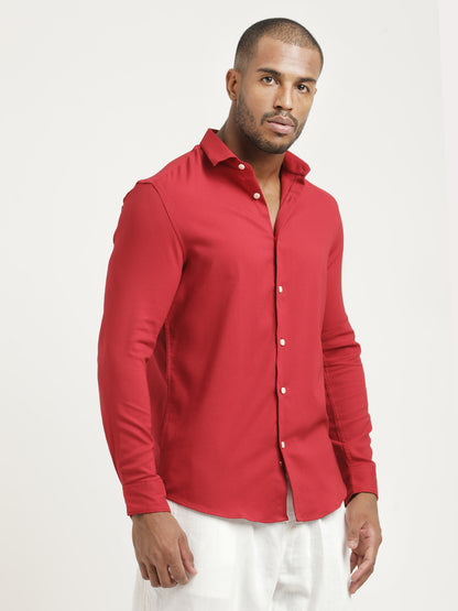 Slim Fit Cotton-Poly Lycra Blend Shirt Red