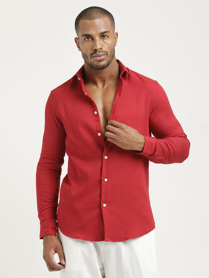 Slim Fit Cotton-Poly Lycra Blend Shirt Red