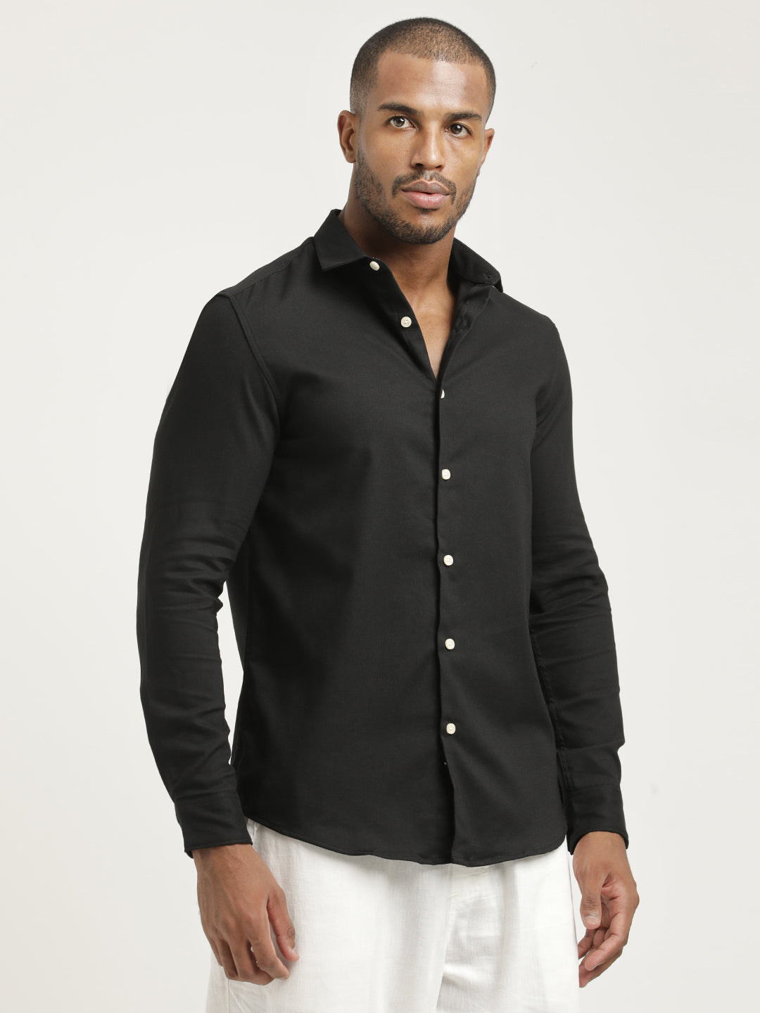 Slim Fit Cotton-Poly Lycra Blend Shirt Black