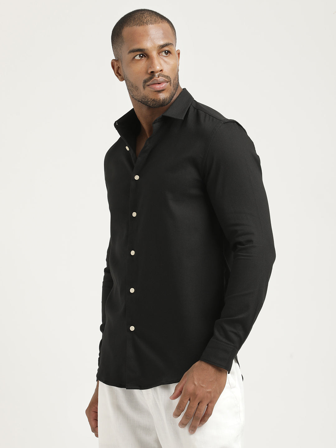 Slim Fit Cotton-Poly Lycra Blend Shirt Black