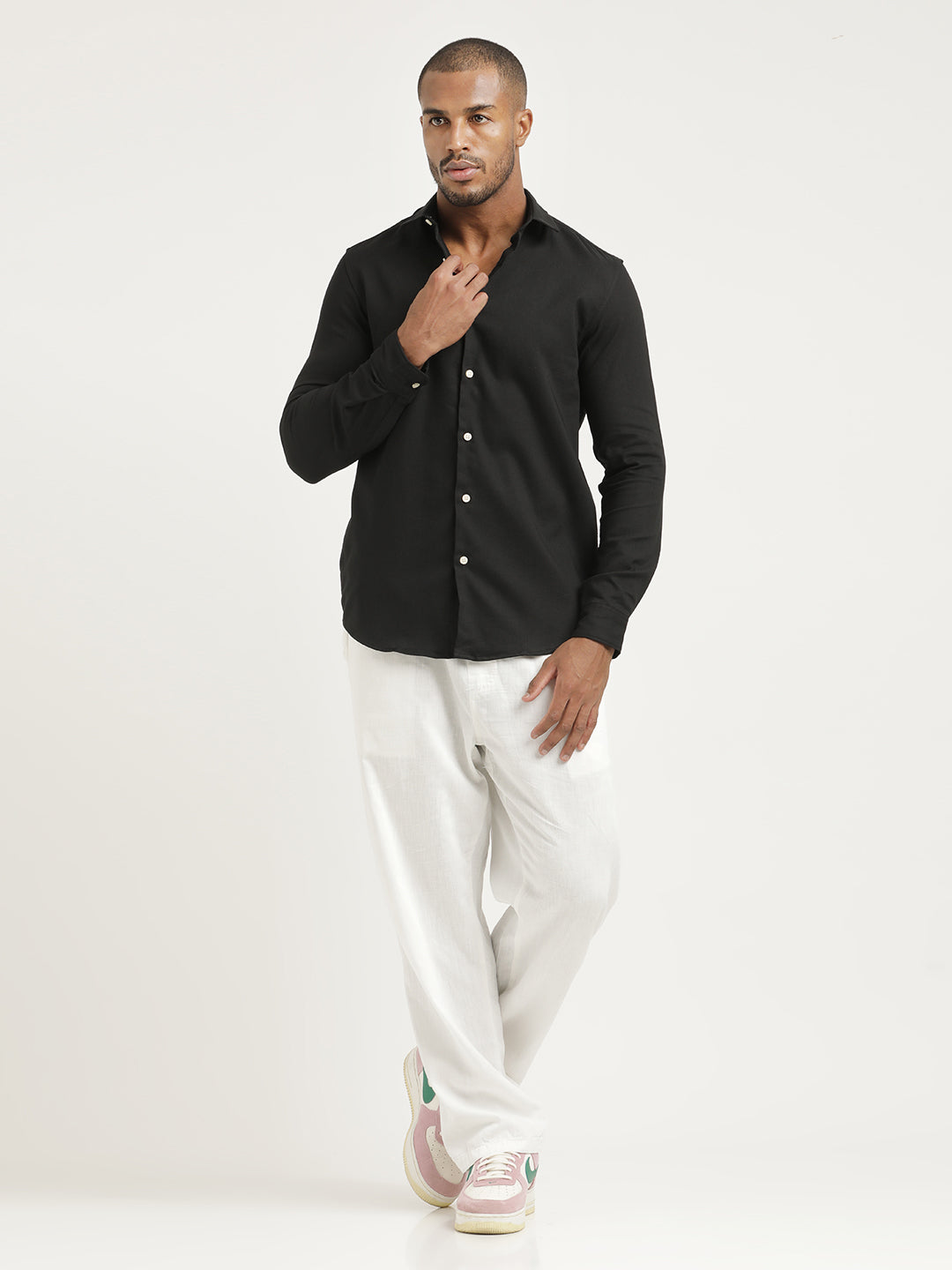 Slim Fit Cotton-Poly Lycra Blend Shirt Black
