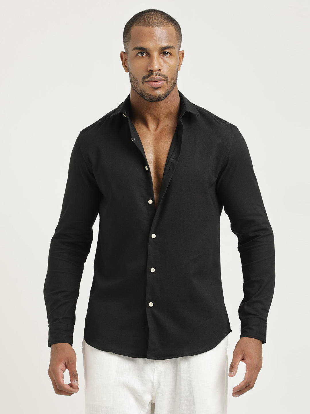 Slim Fit Cotton-Poly Lycra Blend Shirt Black