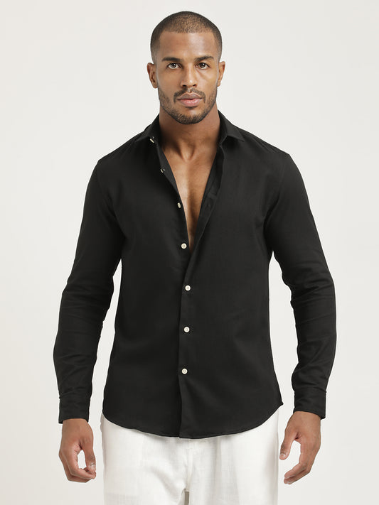 Slim Fit Cotton-Poly Lycra Blend Shirt Black