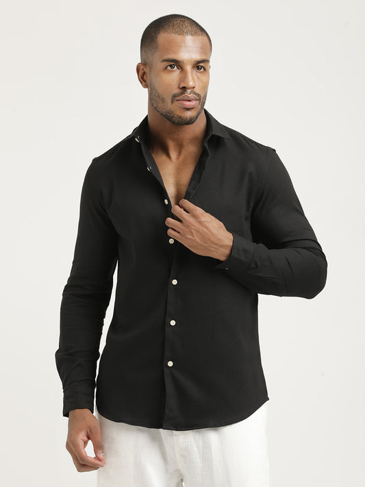 Slim Fit Cotton-Poly Lycra Blend Shirt Black