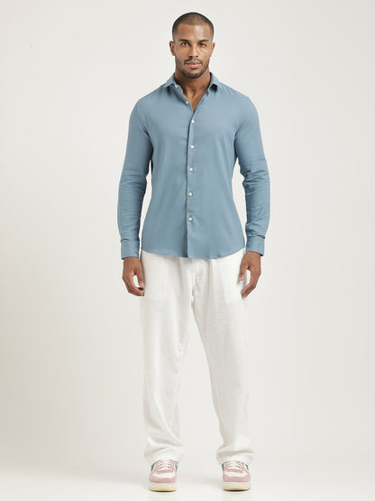 Slim Fit Cotton-Poly Lycra Blend Shirt Lt Blue