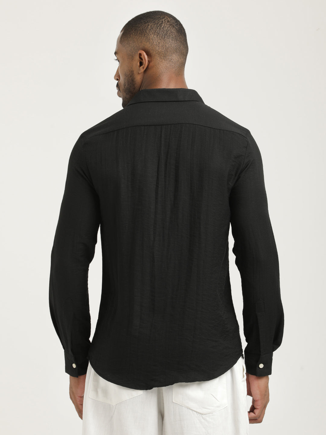 Slim Fit Nylon Shirt with Linen Look Black