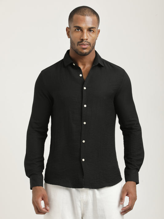 Slim Fit Nylon Shirt with Linen Look Black