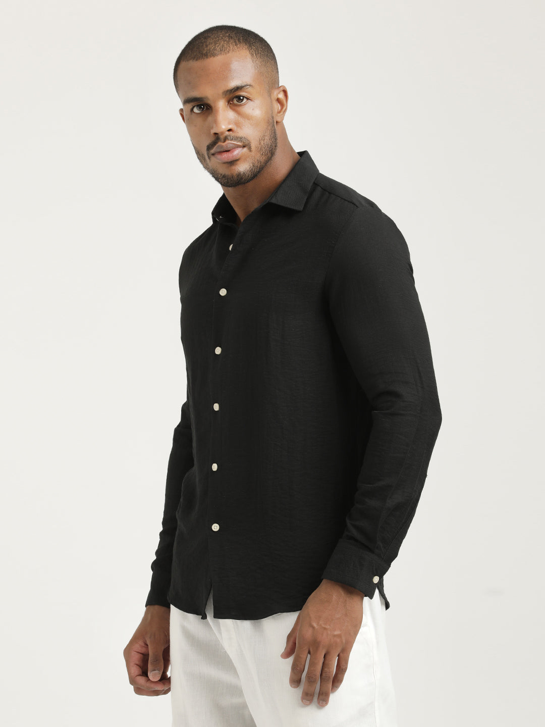 Slim Fit Nylon Shirt with Linen Look Black