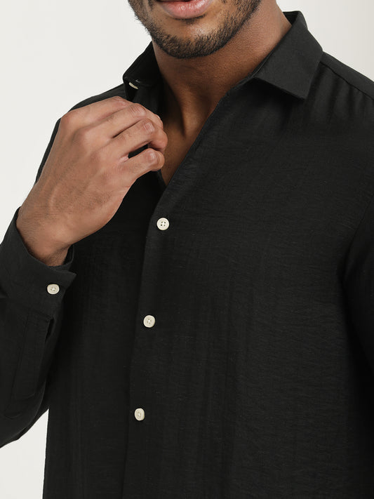 Slim Fit Nylon Shirt with Linen Look Black