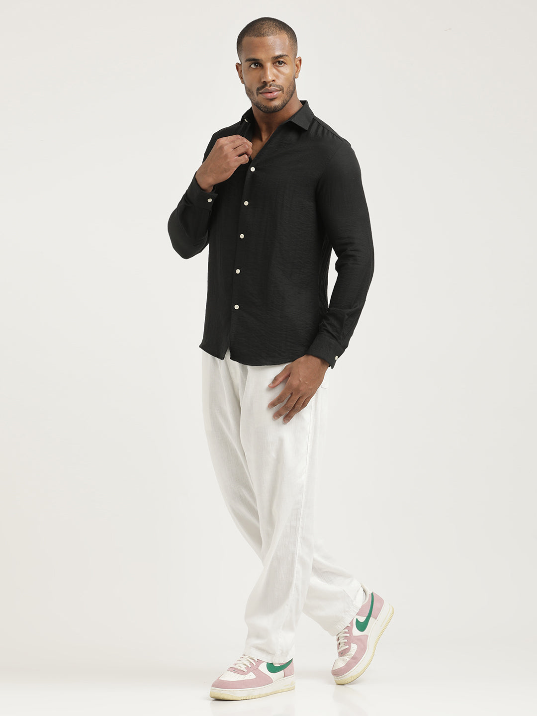 Slim Fit Nylon Shirt with Linen Look Black