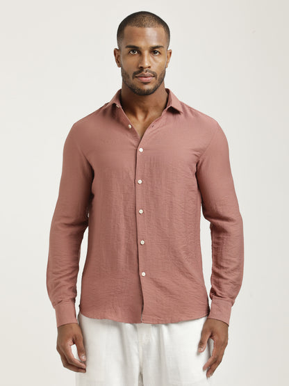 Slim Fit Nylon Shirt with Linen Look Pink