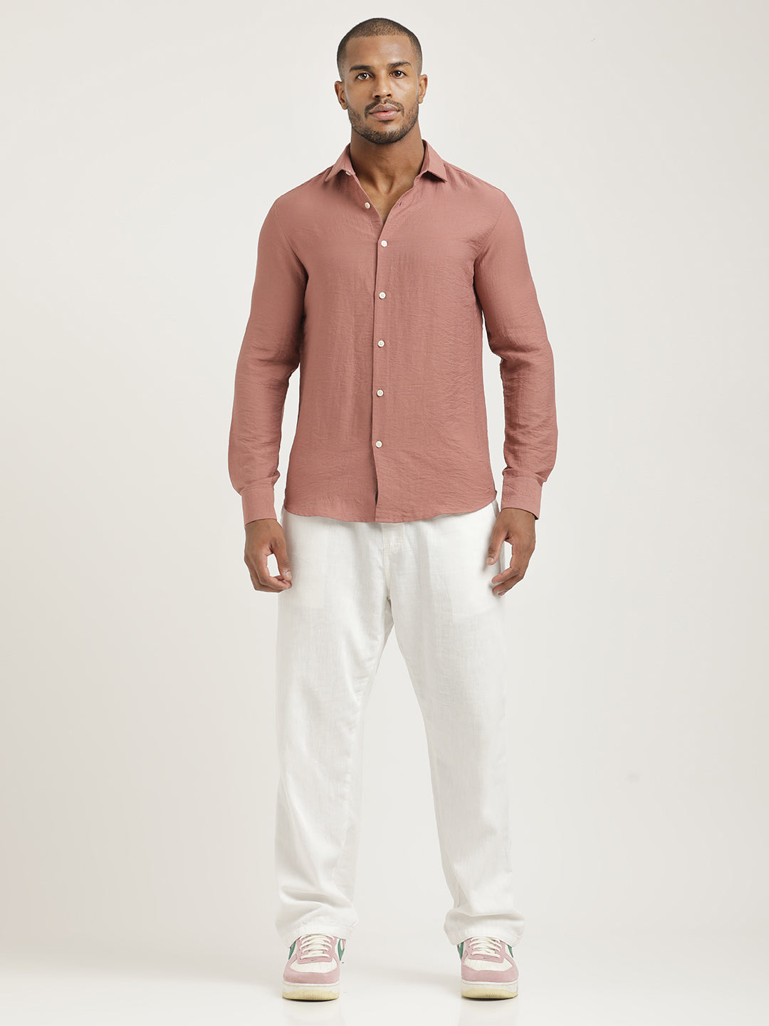 Slim Fit Nylon Shirt with Linen Look Pink