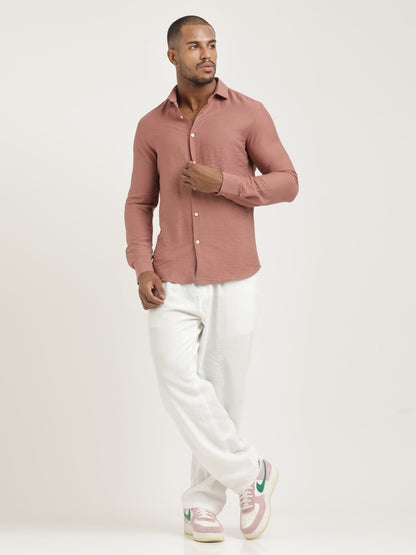 Slim Fit Nylon Shirt with Linen Look Pink