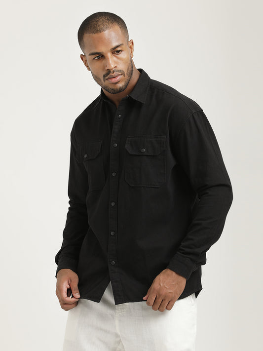 Casual Fit Cotton Shirt with Double Pockets Black