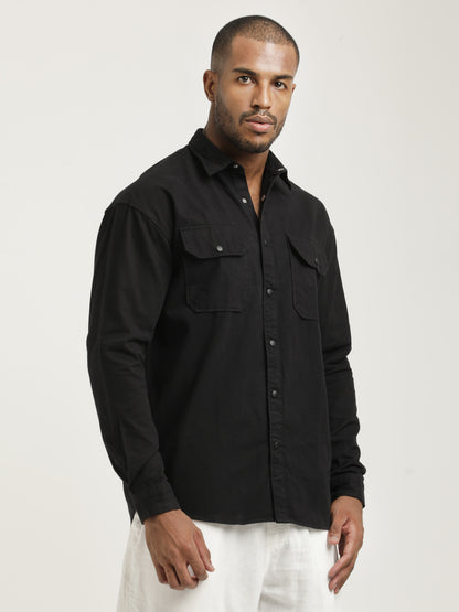 Casual Fit Cotton Shirt with Double Pockets Black