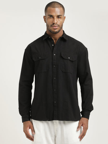 Casual Fit Cotton Shirt with Double Pockets Black