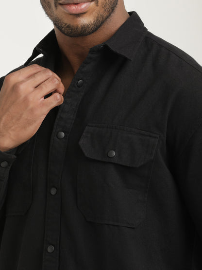 Casual Fit Cotton Shirt with Double Pockets Black