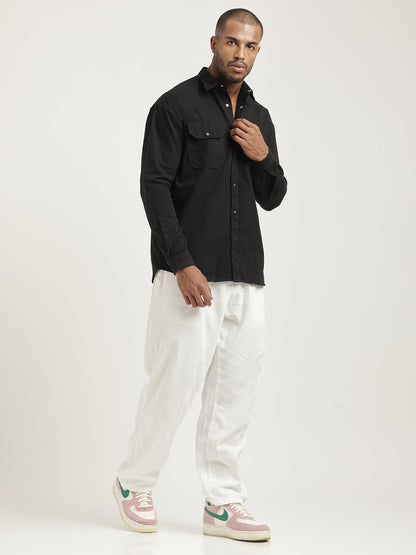 Casual Fit Cotton Shirt with Double Pockets Black