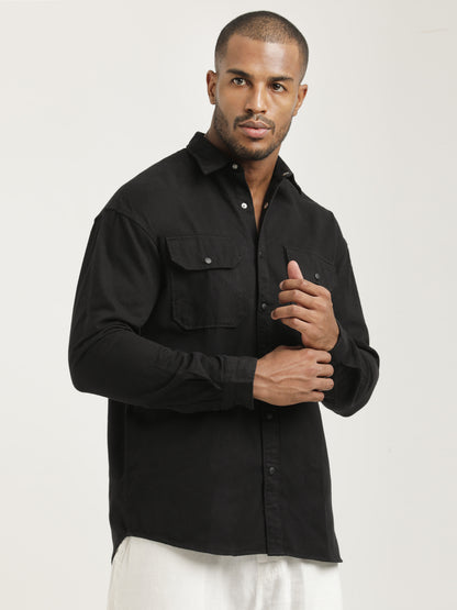 Casual Fit Cotton Shirt with Double Pockets Black