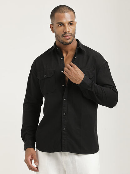 Casual Fit Cotton Shirt with Double Pockets Black