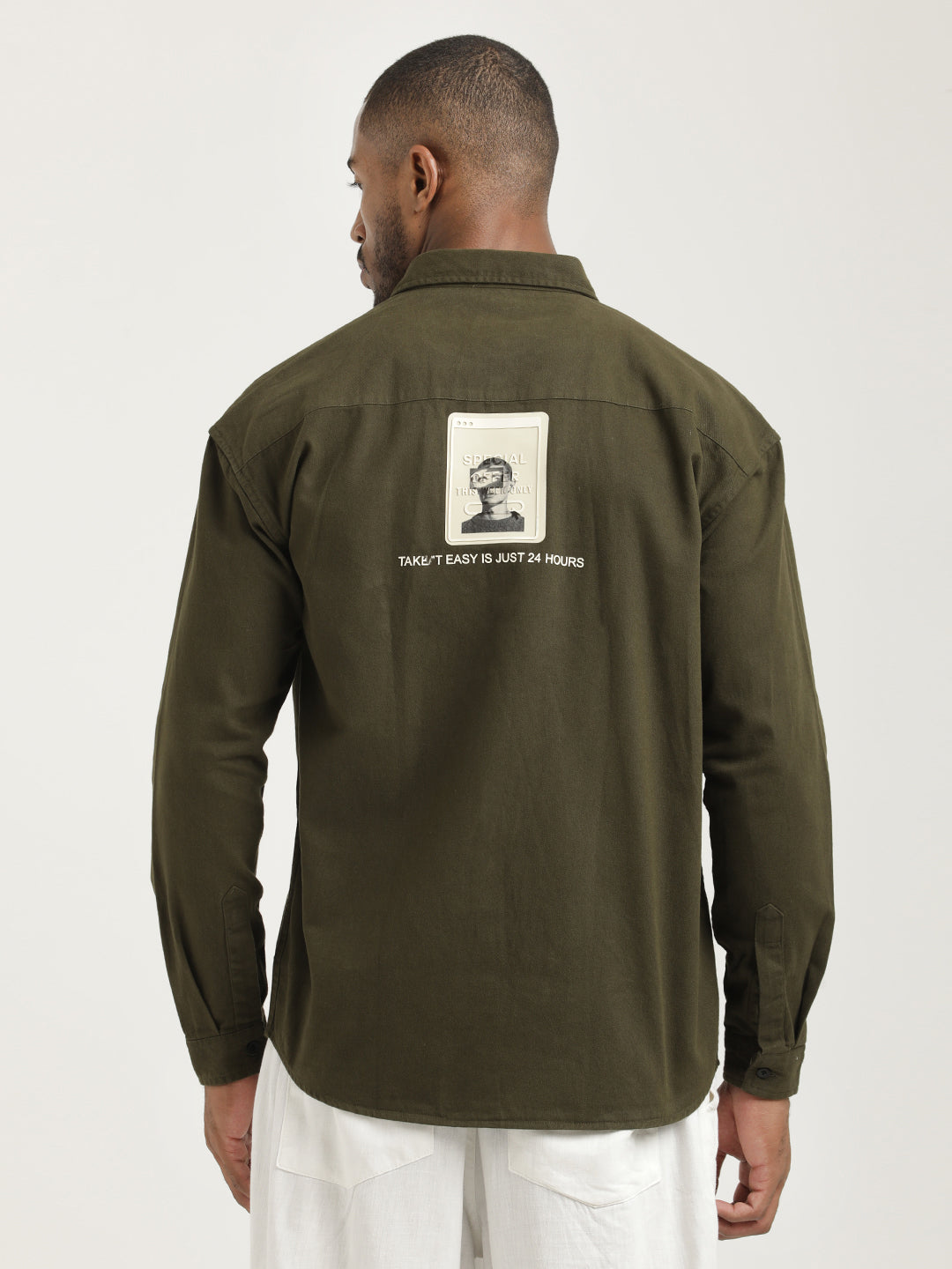 Slim Fit Cotton Shirt with Graphic Stickers Olive