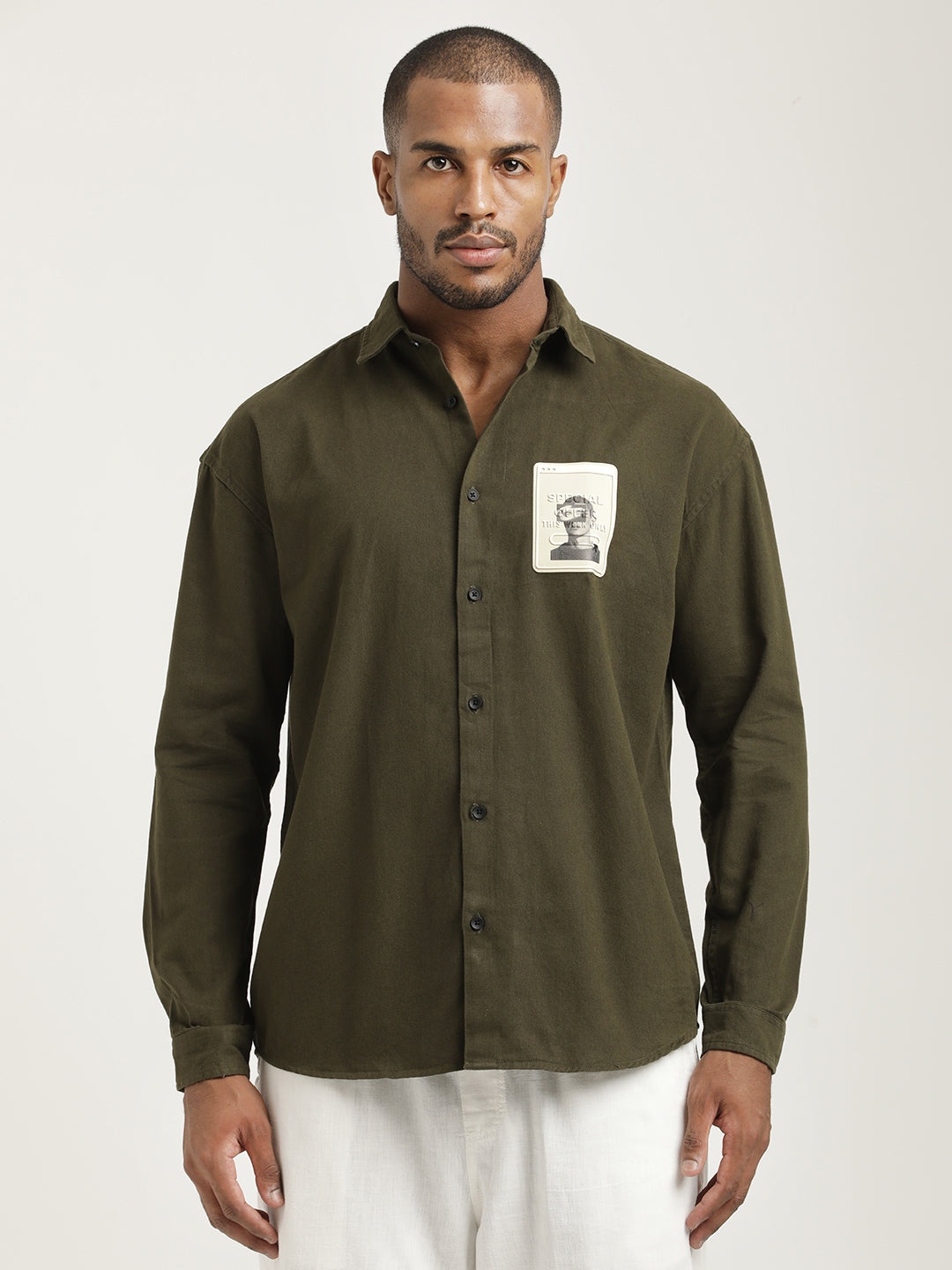 Slim Fit Cotton Shirt with Graphic Stickers Olive