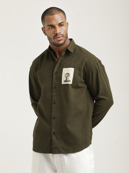 Slim Fit Cotton Shirt with Graphic Stickers Olive