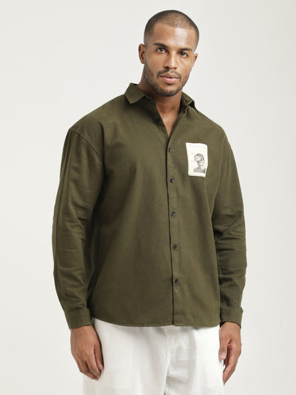 Slim Fit Cotton Shirt with Graphic Stickers Olive