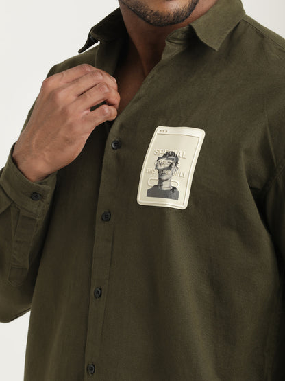 Slim Fit Cotton Shirt with Graphic Stickers Olive
