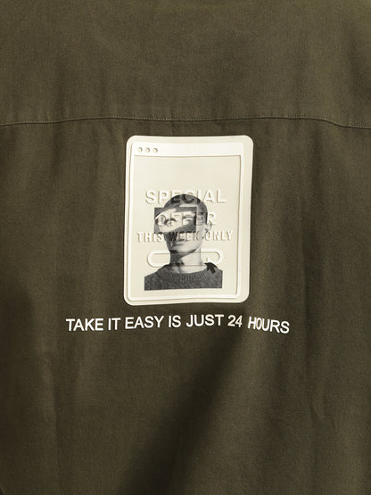 Slim Fit Cotton Shirt with Graphic Stickers Olive