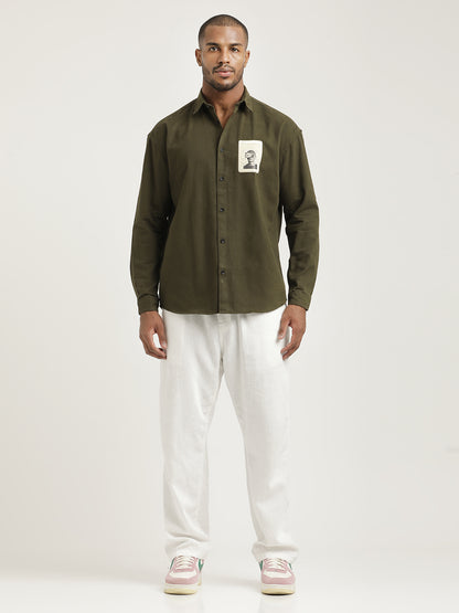 Slim Fit Cotton Shirt with Graphic Stickers Olive