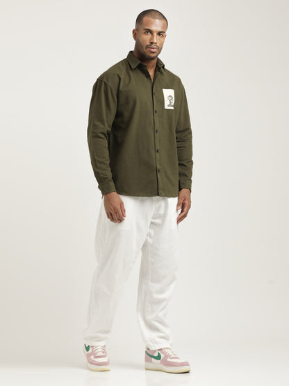 Slim Fit Cotton Shirt with Graphic Stickers Olive