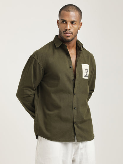 Slim Fit Cotton Shirt with Graphic Stickers Olive