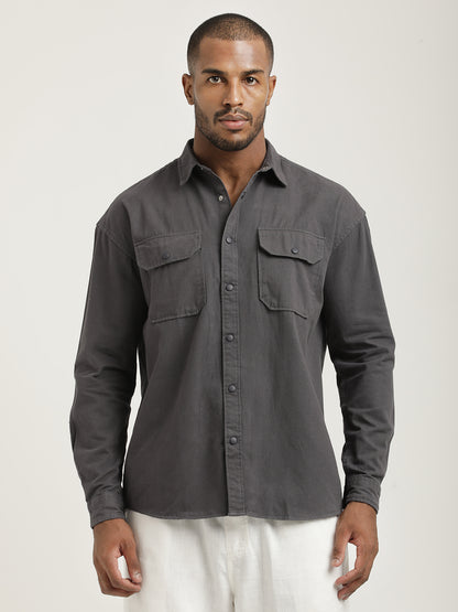 Casual Fit Cotton Shirt with Double Pockets Grey