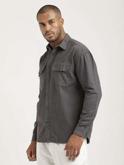 Casual Fit Cotton Shirt with Double Pockets Grey
