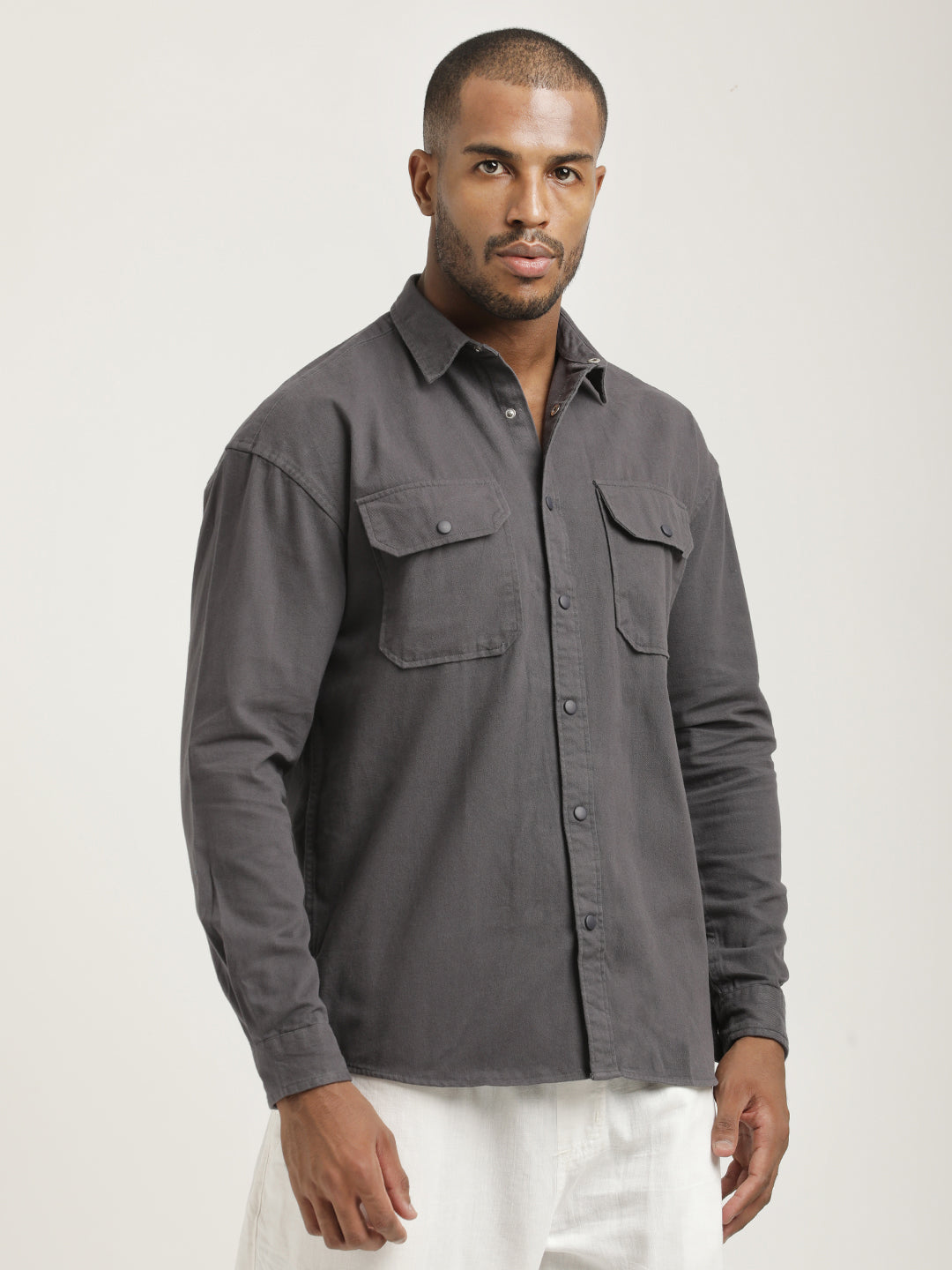 Casual Fit Cotton Shirt with Double Pockets Grey
