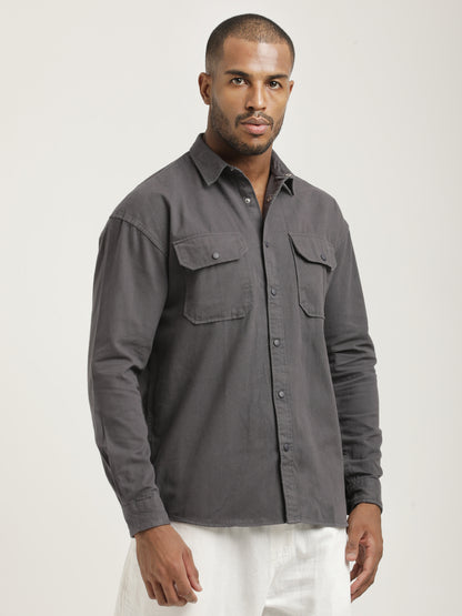 Casual Fit Cotton Shirt with Double Pockets Grey