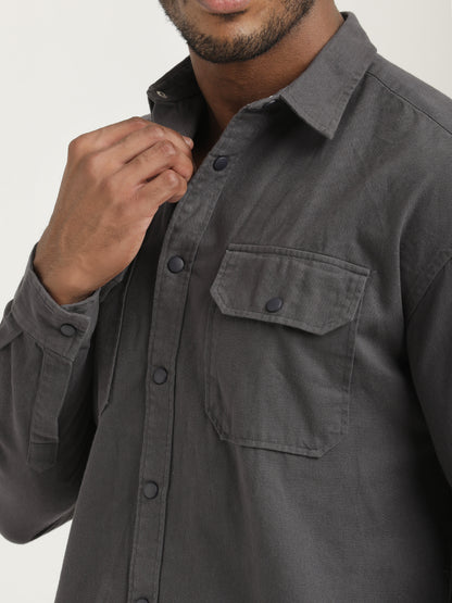 Casual Fit Cotton Shirt with Double Pockets Grey