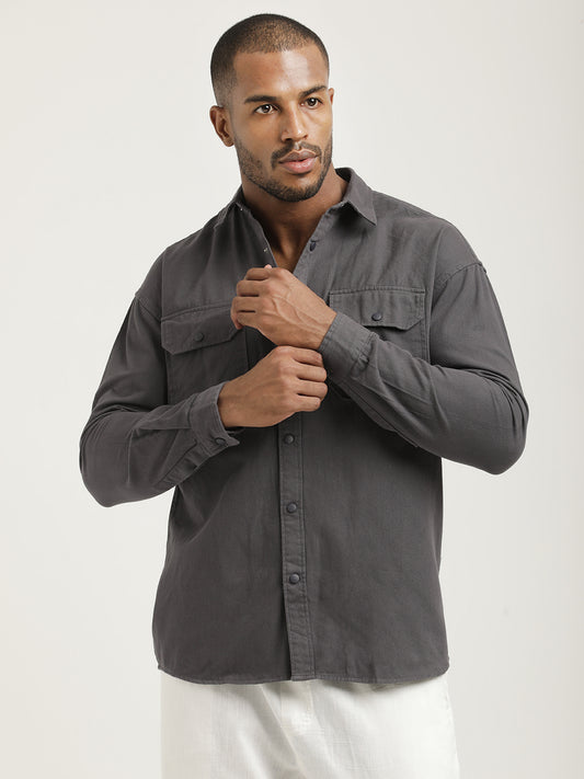 Casual Fit Cotton Shirt with Double Pockets Grey
