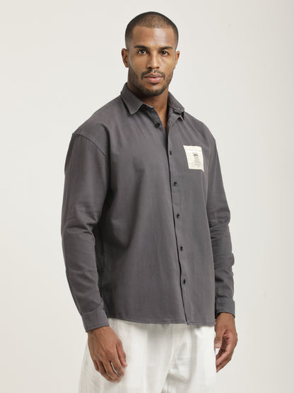 Slim Fit Cotton Shirt with Graphic Stickers Dk Grey
