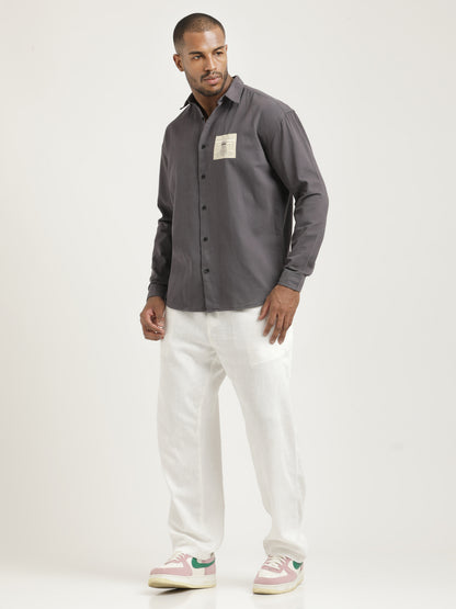 Slim Fit Cotton Shirt with Graphic Stickers Dk Grey