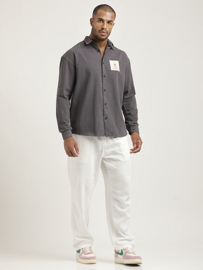 Slim Fit Cotton Shirt with Graphic Stickers Dk Grey