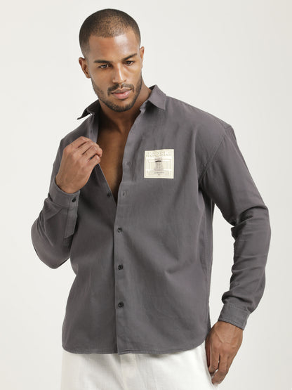 Slim Fit Cotton Shirt with Graphic Stickers Dk Grey