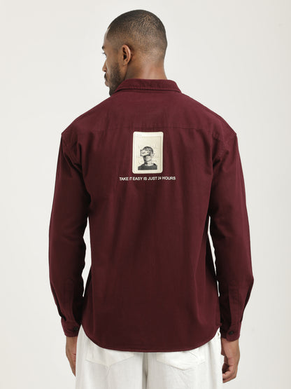 Slim Fit Cotton Shirt with Graphic Stickers Maroon