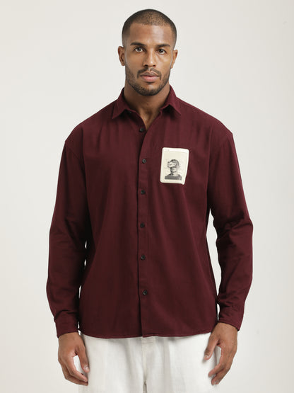 Slim Fit Cotton Shirt with Graphic Stickers Maroon